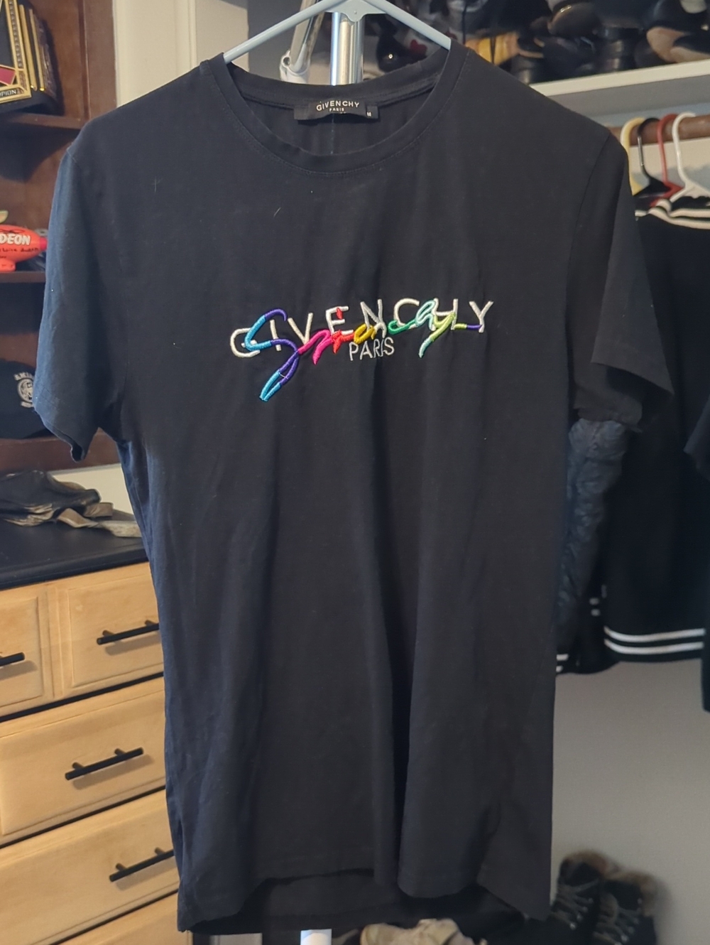 Givenchy Black Short‑Sleeve Tee with Multicolor Embroidered Logo Size M